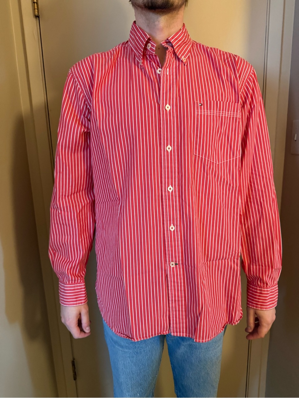 Tommy Hilfiger Red and White Vertical Stripe Button-Down Shirt